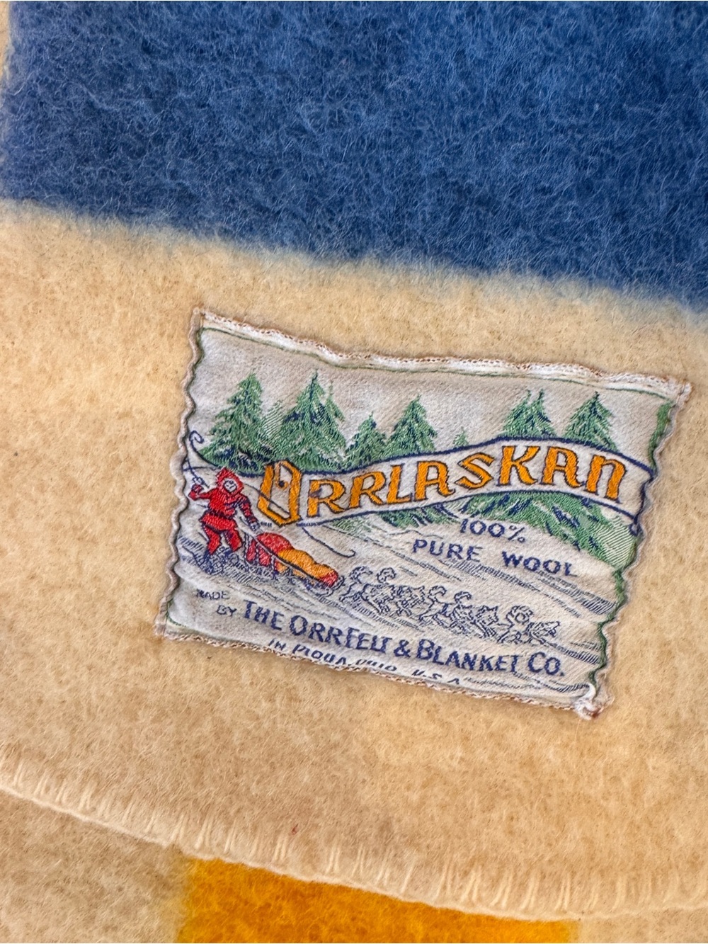 Vintage Orrlaskan Orr Felt Blanket Co 100% Wool 3 Stripe Blanket Throw USA 72x54 - Picture 4 of 6